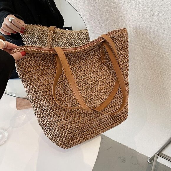 Straw Beach Tote Bag Women's Woven Straw Handbag Summer Shoulder Bag - Picture 6 of 7